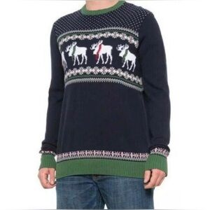 Aspen Fair Isle Moose 100% Cotton Blue Holiday Sweater Cabin Ski  - Size L
